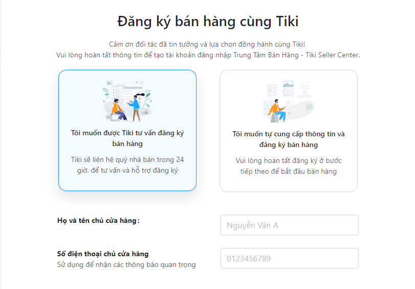 kinh nghiệm bán hàng trên Tiki - form đăng ký