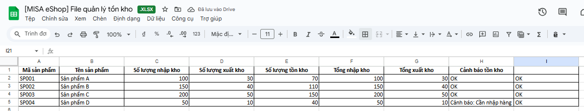 Báo cáo tồn kho tự động trên excel