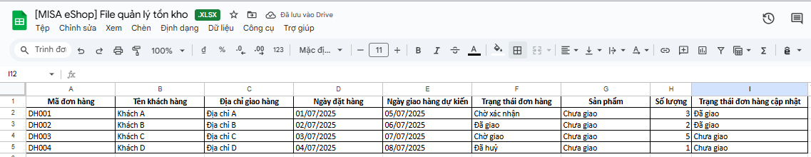 Quản lý đơn hàng bằng excel