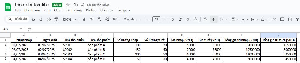 Quản lý xuất nhập hàng hóa bằng excel