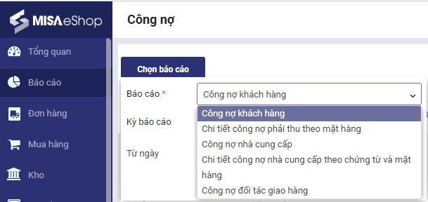 Báo cáo công nợ trên MISA eShop