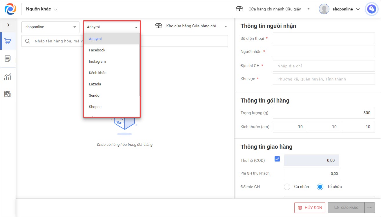 tạo đơn hàng online