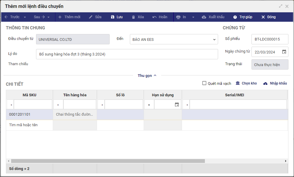Lệnh điều chuyển kho trên MISA eShop