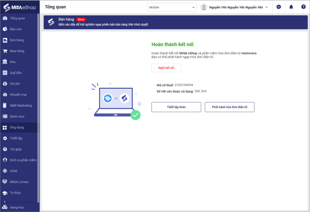 MISA eShop kết nối thành công với meInvocie
