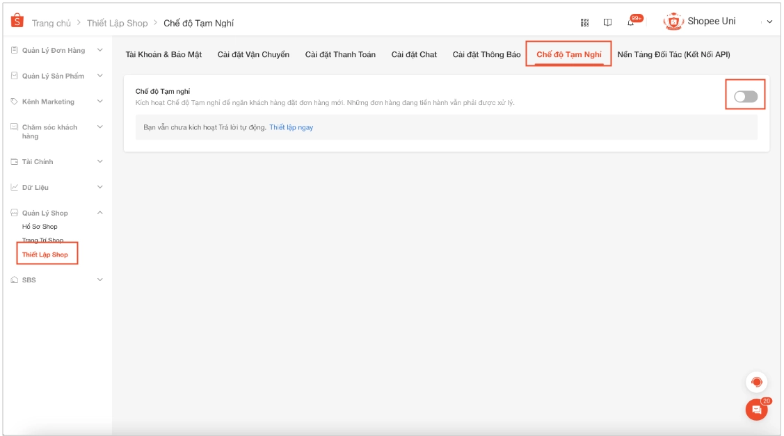 Hướng dẫn bật chế độ tạm nghỉ Shopee