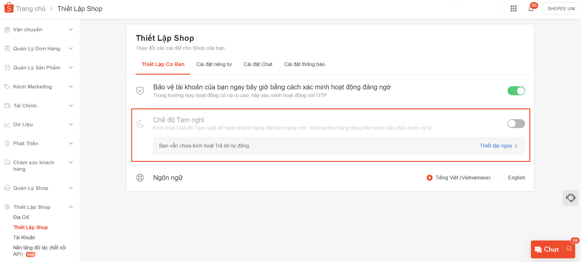 Tắt chế độ tạm nghỉ Shopee