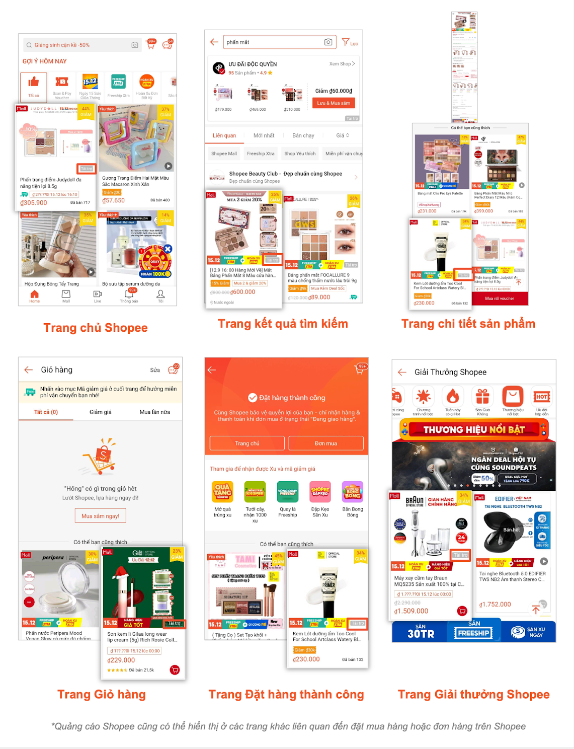 Vị trí hiển thị của quảng cáo Shopee