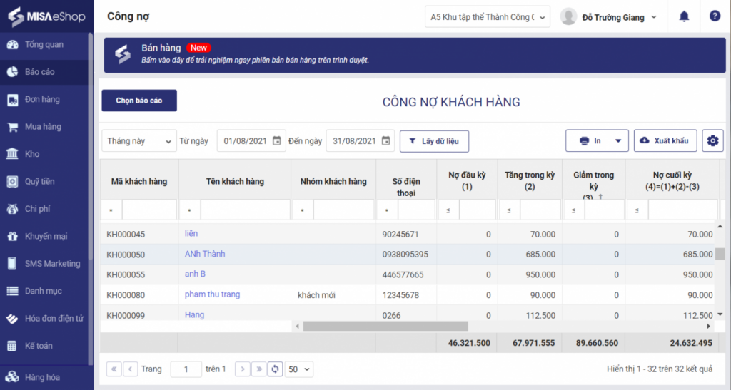 Báo cáo công nợ khách hàng