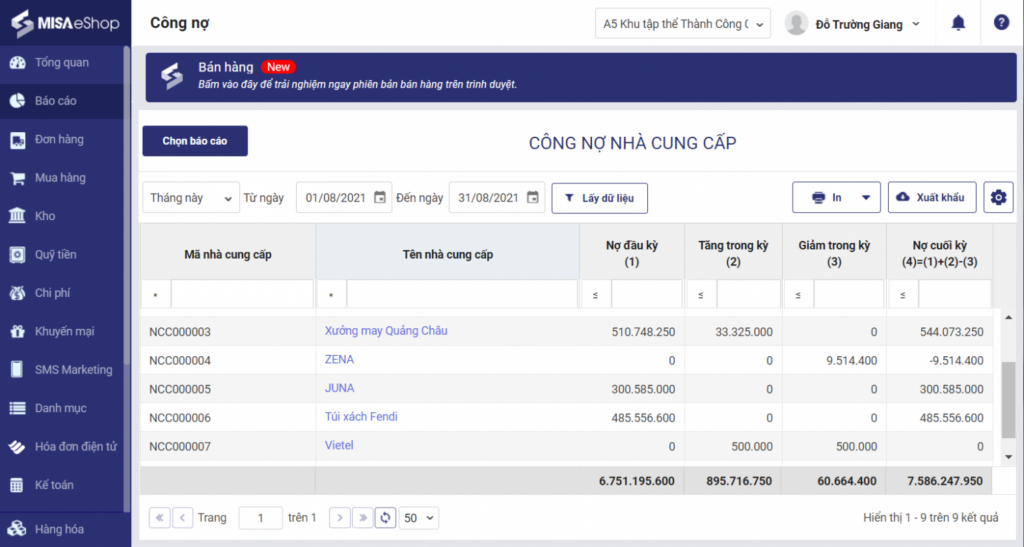 Báo cáo công nợ nhà cung cấp