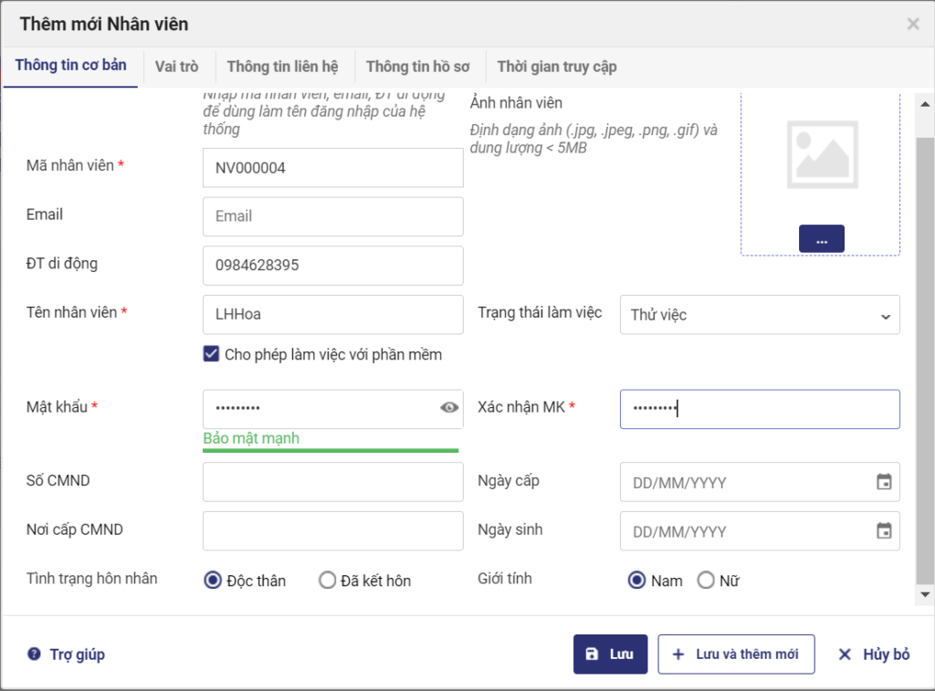Khai báo và quản lý nhân viên cửa hàng gia dụng