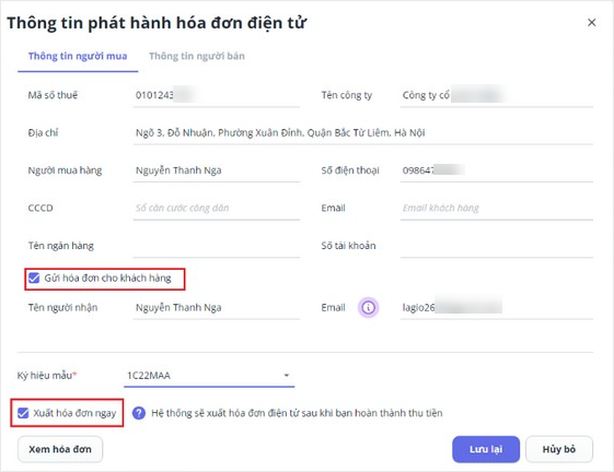 Thông tin phát hành hóa đơn điện tử trên máy POS