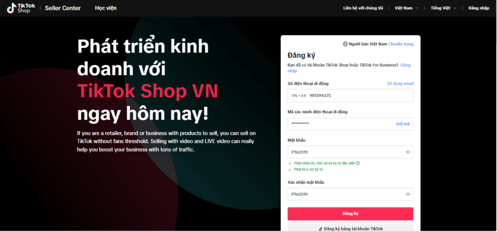 Đăng ký tài khoản TikTok Shop