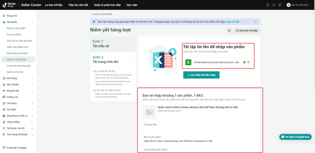 Đăng tải sản phẩm hàng loạt trên TikTok Shop