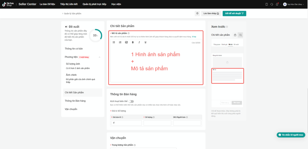 Mô tả chi tiết sản phẩm trên TikTok Shop