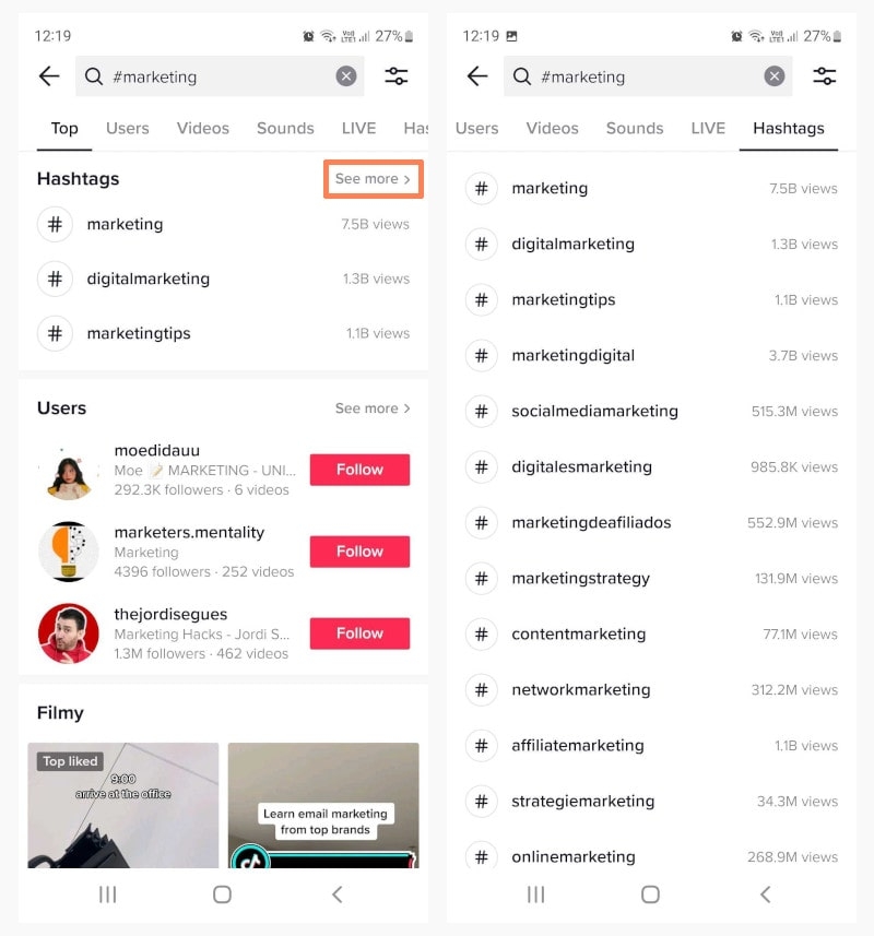 sử dụng công cụ gợi ý để tìm hashtag tiktok