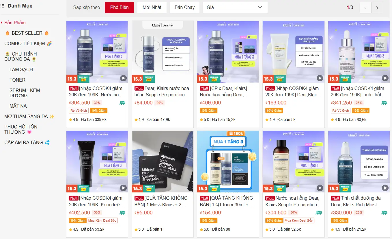 Số lượt bán khổng lồ của Klairs trên sàn thương mại điện tử Shopee