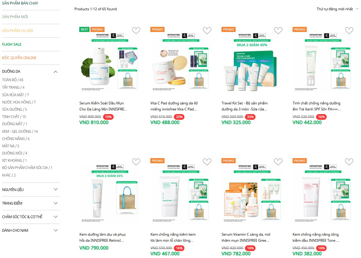 Website bán hàng được xây dựng chuyên nghiệp của Innisfree