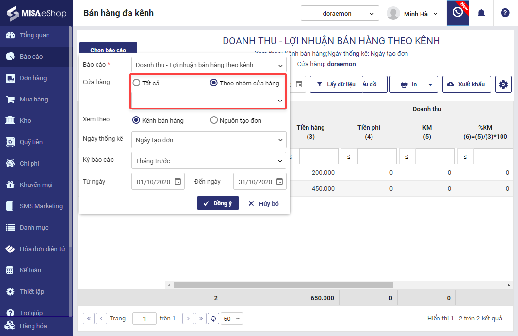 misa eshop quản lý doanh thu