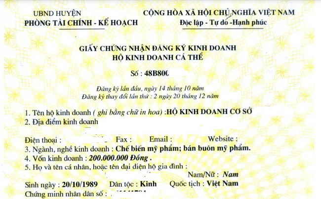 Giấy phép đăng ký kinh doanh mỹ phẩm của hộ kinh doanh