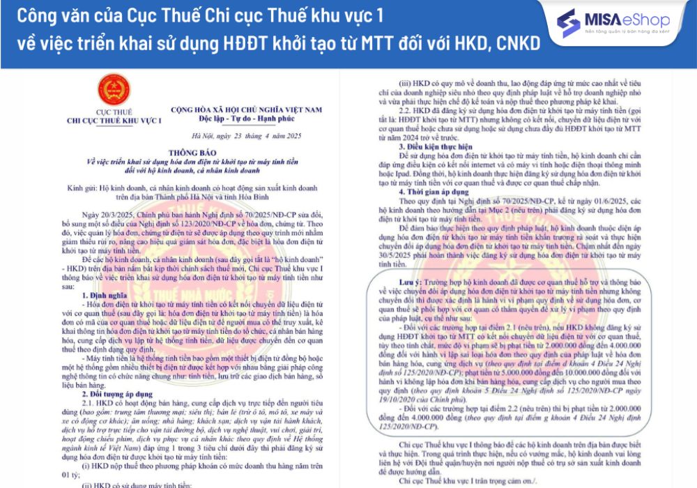 Công văn của Chi cục Thuế khu vực 1 thông báo về việc triển khai hóa đơn điện tử khởi tạo từ máy tính tiền tới các hộ, cá nhân kinh doanh