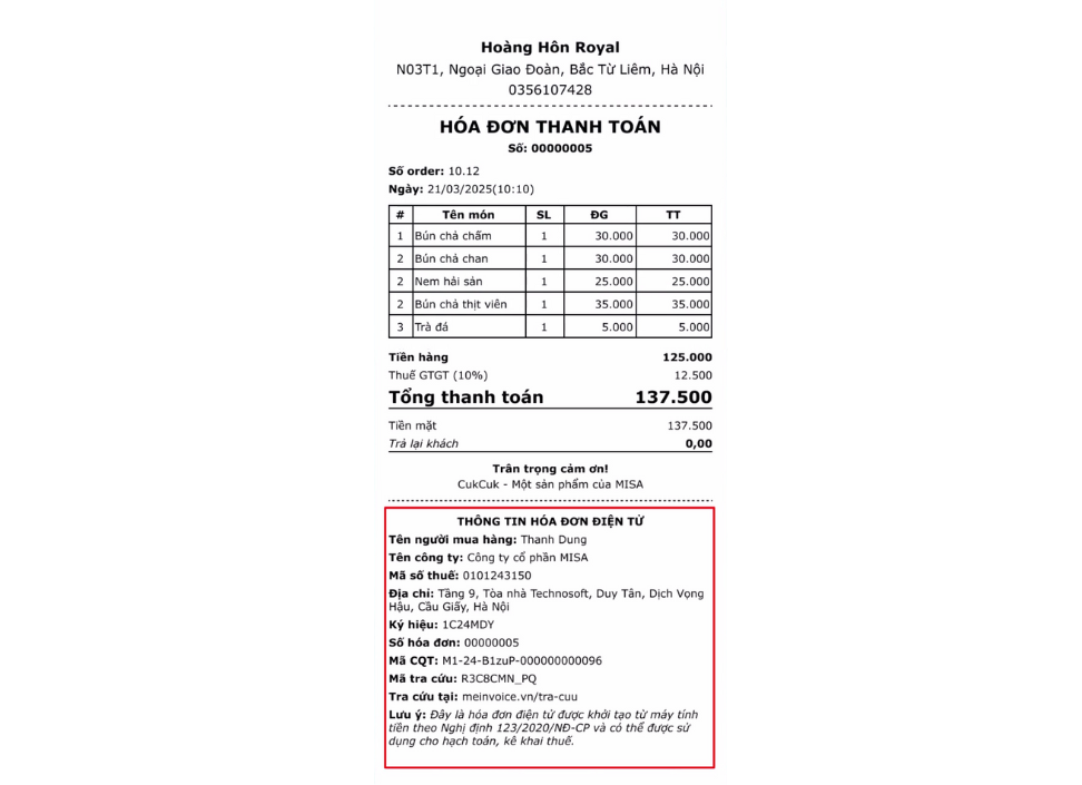 Minh họa nội dung hóa đơn điện tử khởi tạo từ máy tính tiền