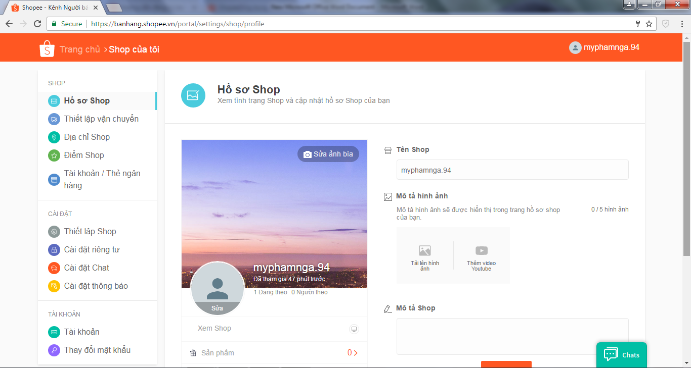 Thiết lập hồ sơ gian hàng Shopee