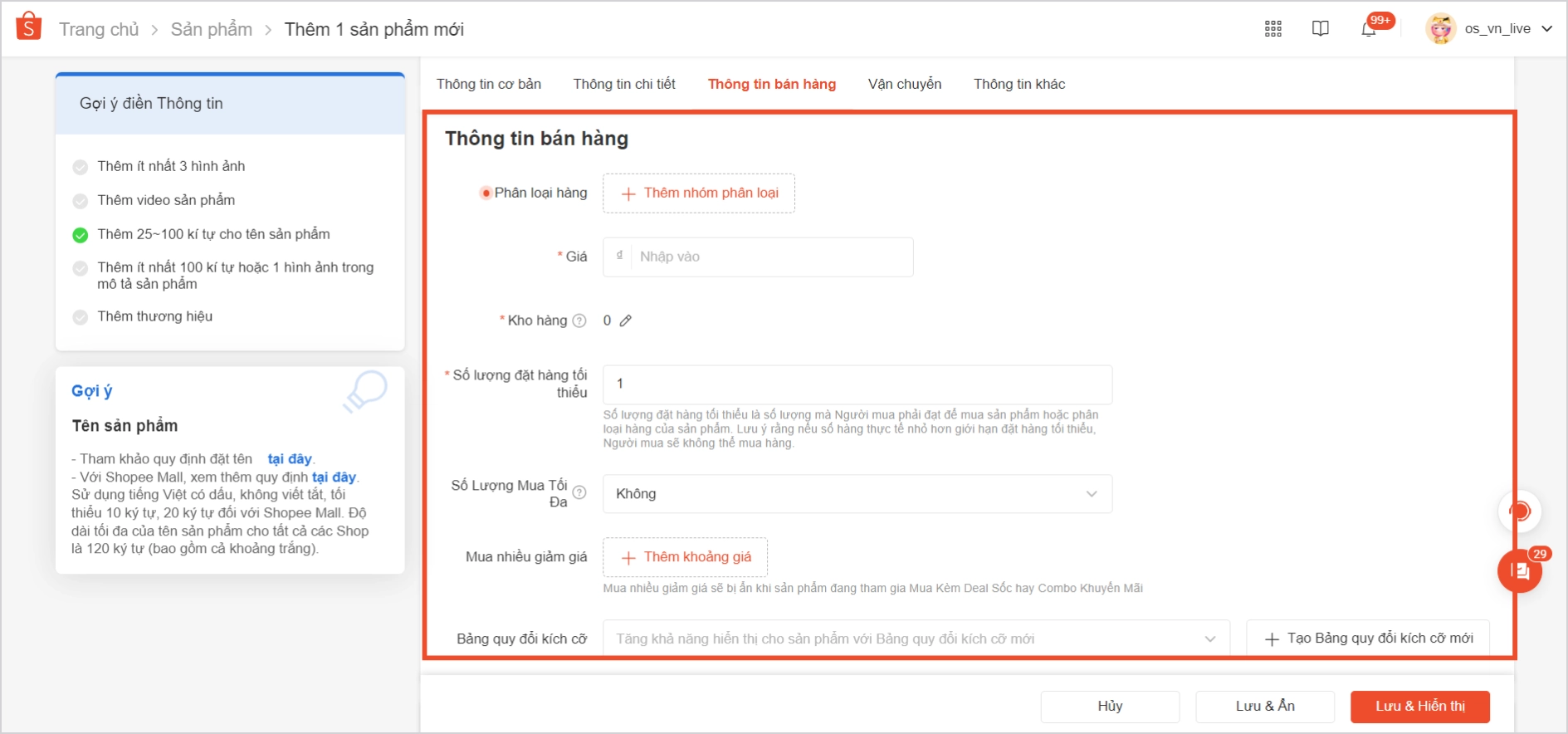 Thiết lập kho hàng trên Shopee