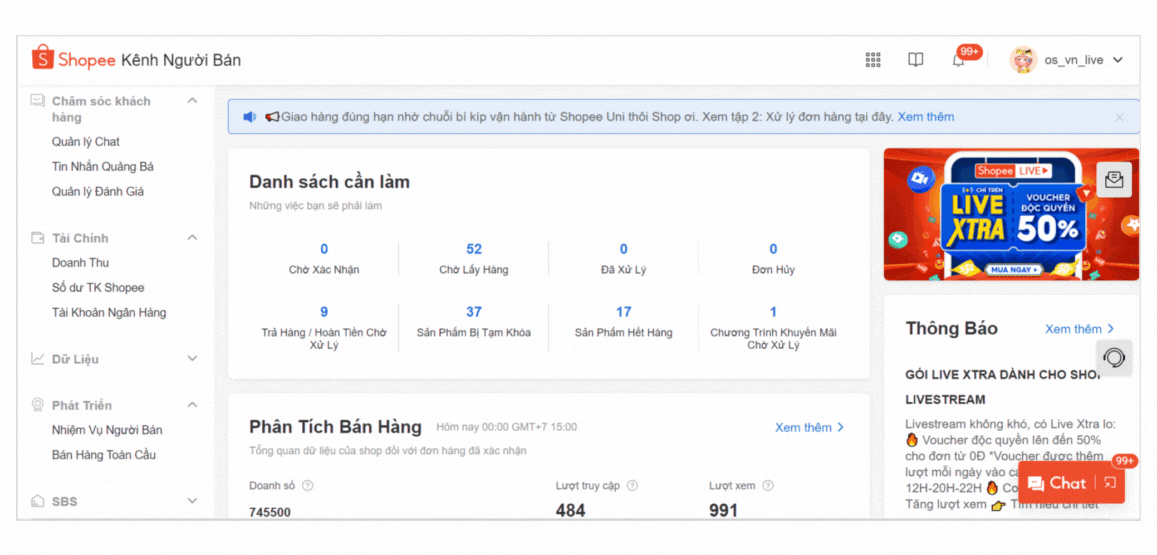 Truy cập số dư Shopee qua kênh người bán Shopee