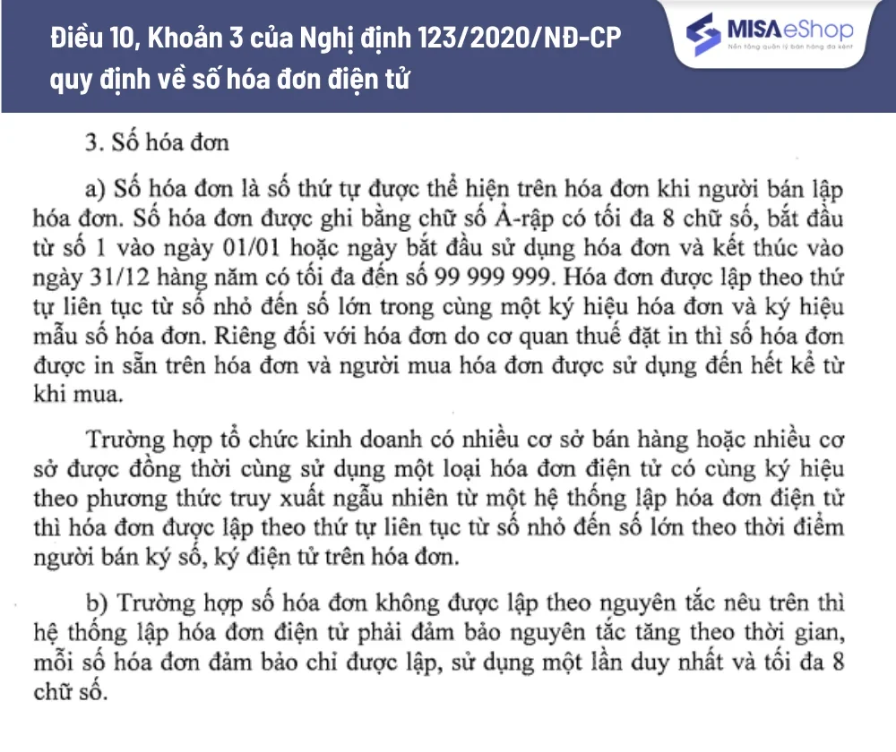Điều 10, Khoản 3 của Nghị định 123/2020/NĐ-CP về số hóa đơn điện tử
