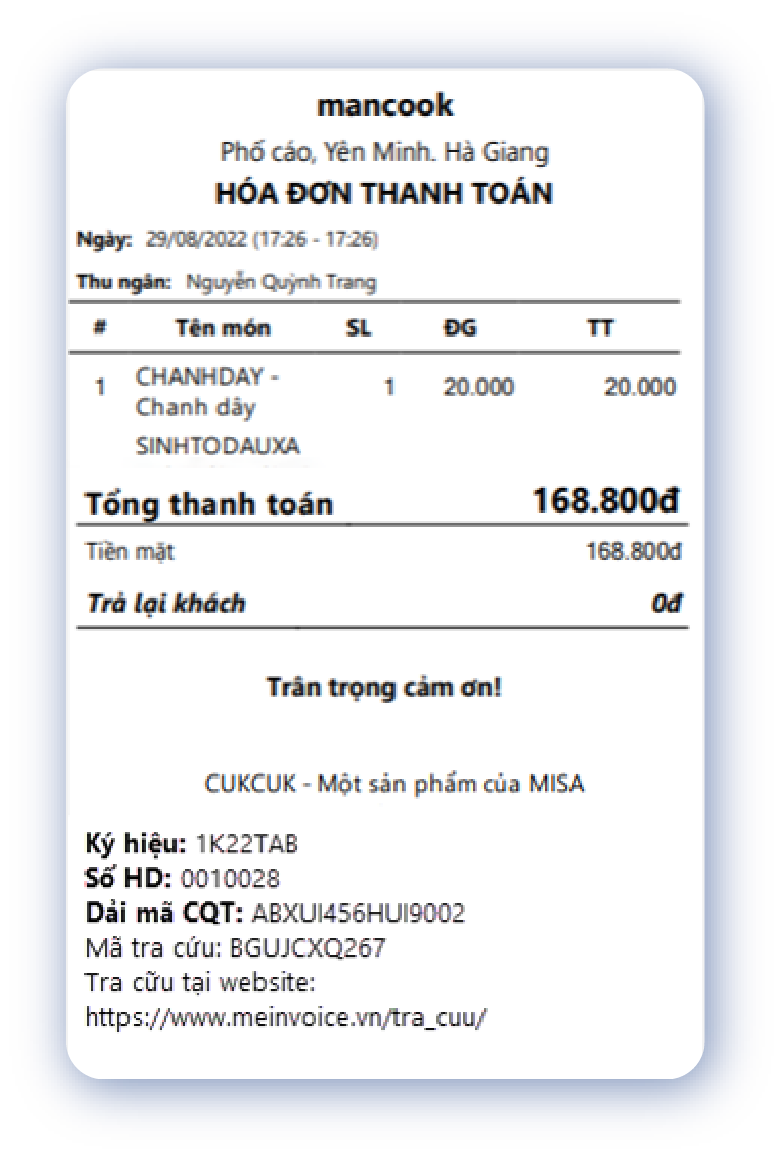 Mẫu hóa đơn điện tử khởi tạo từ máy tính tiền