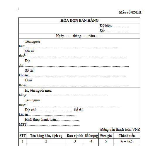 Mẫu 02/BH -Hóa đơn điện tử bán hàng trực tiếp