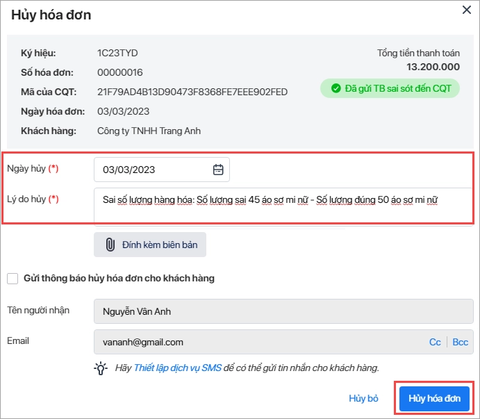 Hủy hóa đơn điện tử có mã