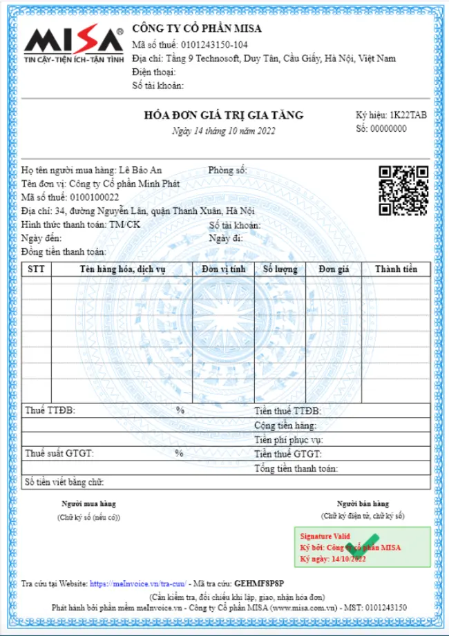Mẫu hóa đơn điện tử dịch vụ khách sạn