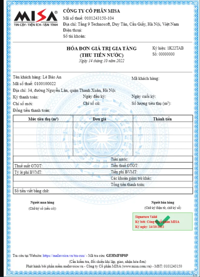 Mẫu hóa đơn thu tiền nước