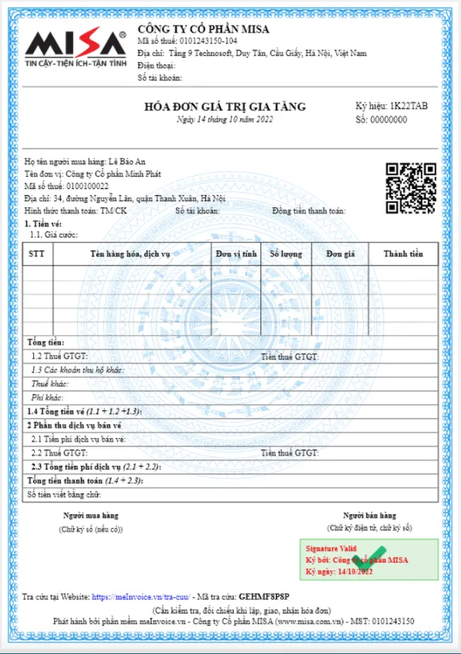 Mẫu hóa đơn đại lý vé máy bay