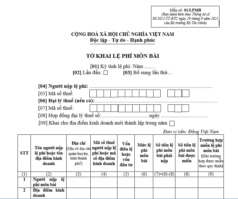 tờ khai lệ phí môn bài