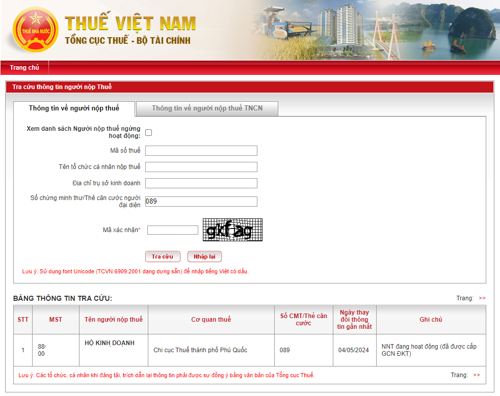 Tra cứu mã số thuế hộ kinh doanh qua Cổng thông tin Tổng cục Thuế