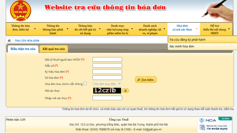 Tra cứu hóa đơn điện tử trên trang Tổng Cục Thuế