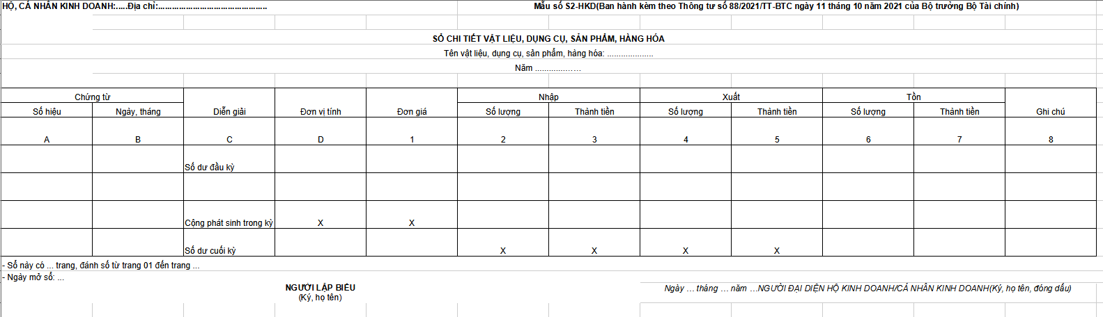 Sổ chi tiết vật liệu, dụng cụ, sản phẩm, hàng hóa (S2-HKD)