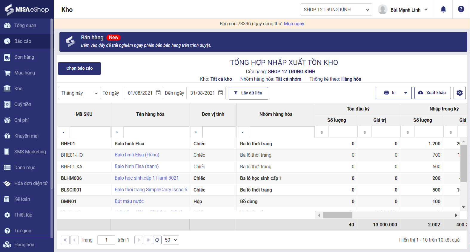MISA eShop quản lý hàng tồn kho