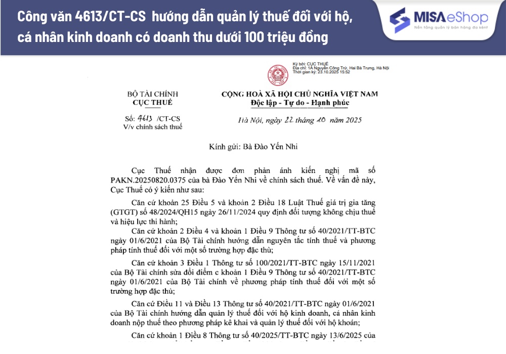 Công văn 4613 hướng dẫn quản lý thuế cho HKD dưới 100 triệu