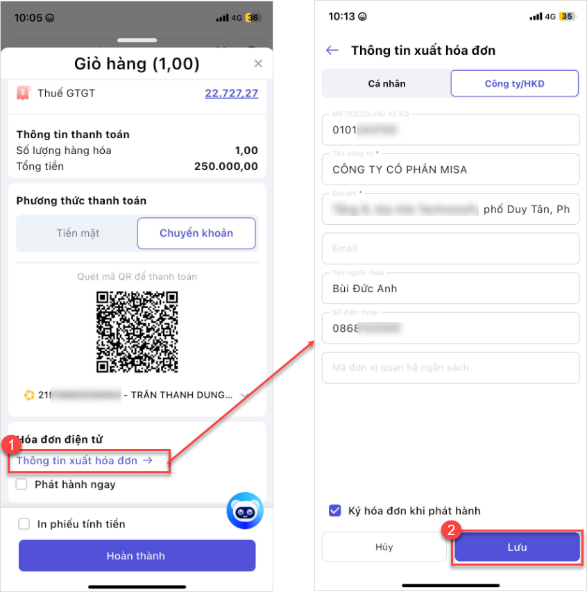 Hướng dẫn xuất hóa đơn trên điện thoại