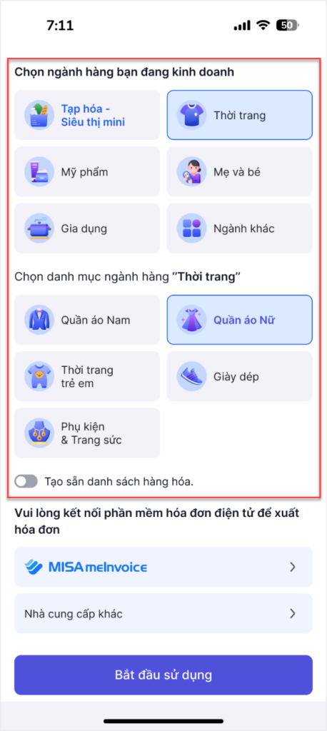 Hướng dẫn thiết lập ngành hàng kinh doanh trên điện thoại