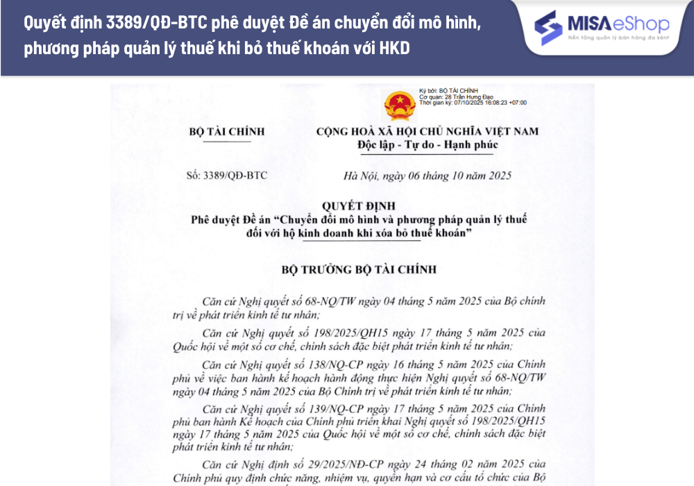 Quyết định 3389/QĐ-BTC phê duyệt Đề án “Chuyển đổi mô hình, phương pháp quản lý thuế khi bỏ thuế khoán với hộ kinh doanh”