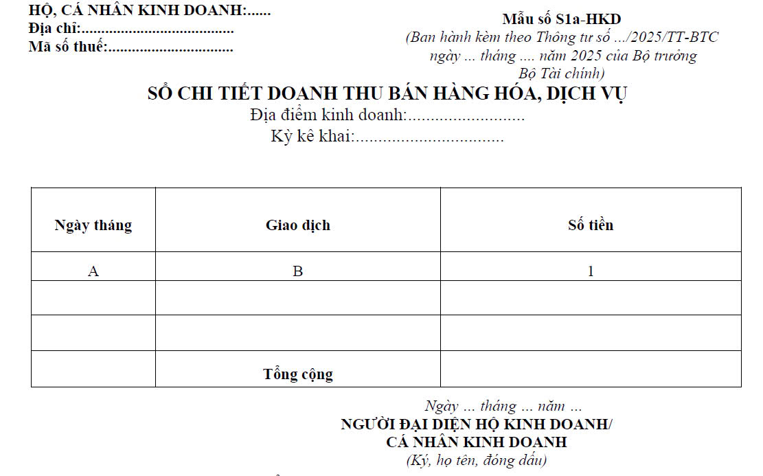 Sổ chi tiết doanh thu bán hàng hóa, dịch vụ (mẫu số S1a-HKD)