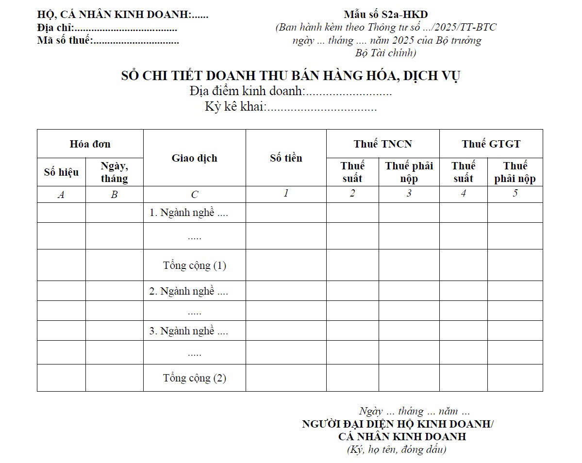 Sổ chi tiết doanh thu bán hàng hóa, dịch vụ (mẫu số S2a-HKD)