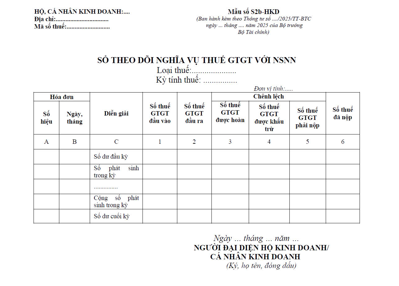 Sổ theo dõi nghĩa vụ thuế GTGT với NSNN (Mẫu số S2b- HKD)