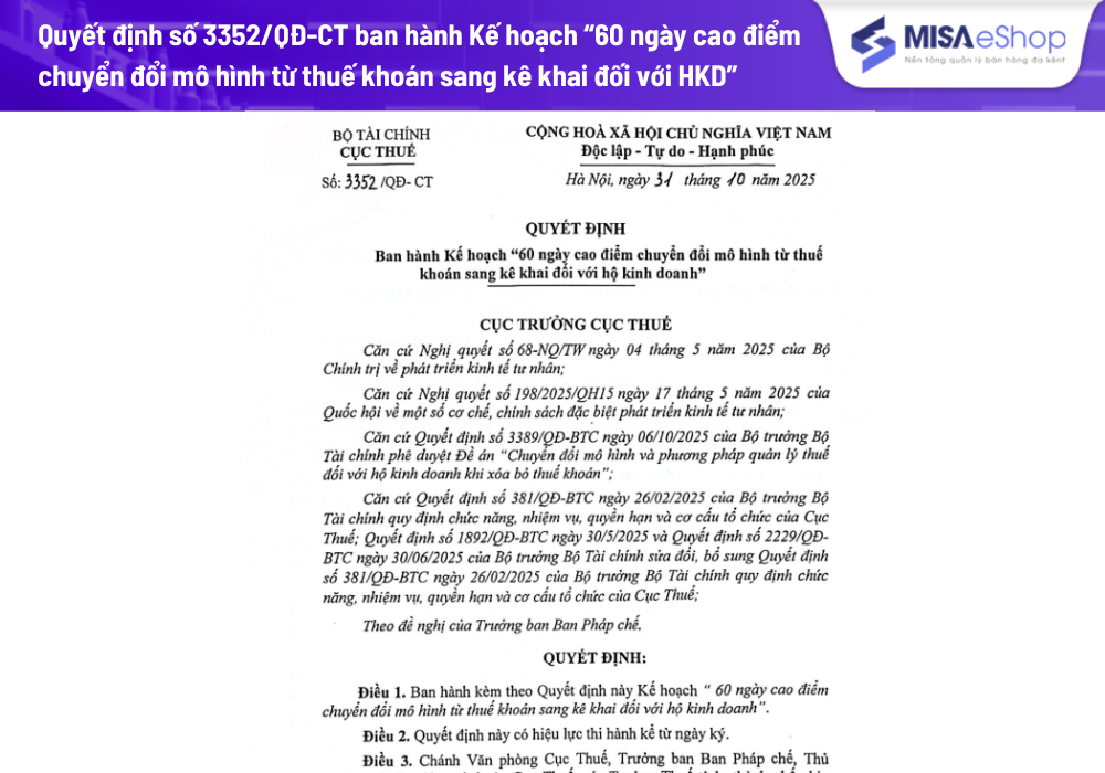 Quyết định số 3352/QĐ-CT: Ban hành Kế hoạch “60 ngày cao điểm chuyển đổi mô hình từ thuế khoán sang kê khai đối với hộ kinh doanh"
