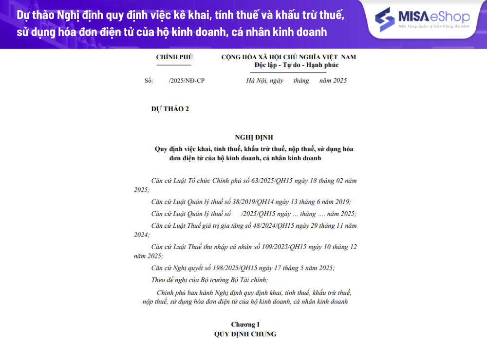 Dự thảo lần 2 Nghị định về việc khai, tính thuế, sử dụng hóa đơn điện tử của hộ kinh doanh, cá nhân kinh doanh