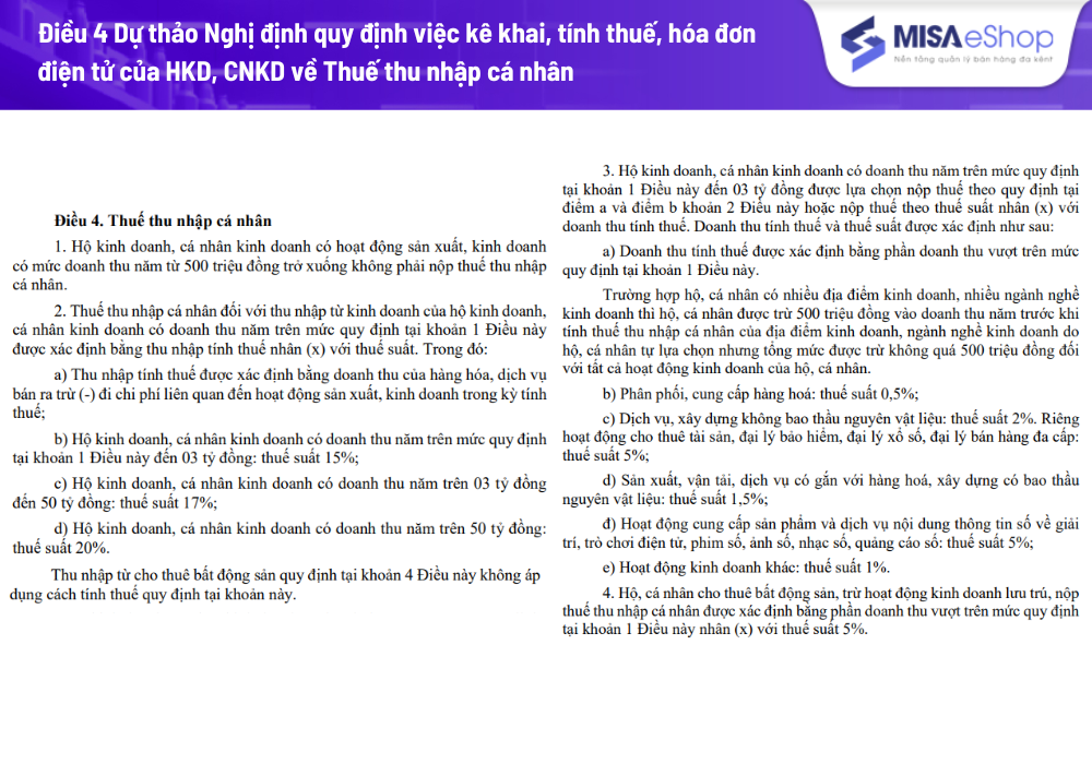 Dự thảo lần 2 Nghị định về việc khai, tính thuế, sử dụng hóa đơn điện tử của hộ kinh doanh, cá nhân kinh doanh